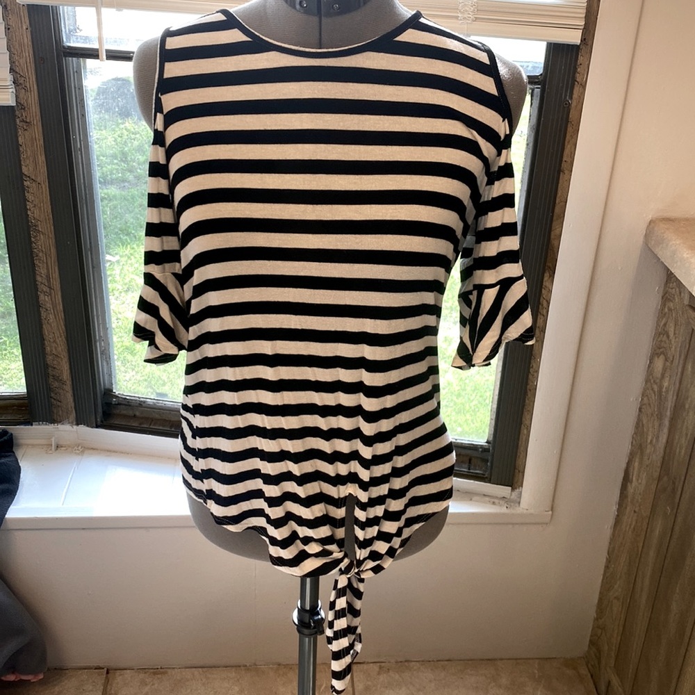 Black and white striped, off the shoulder Top